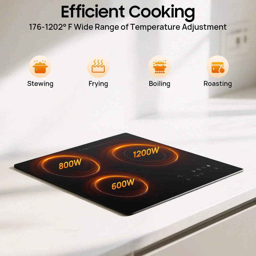 NEWEST Ceramic Cooktop, Electric Cooktop, 3 Burners Radiant Electric Stove Top with Timer, Child Safety Lock, Sensor Touch Control, 2600W 110V