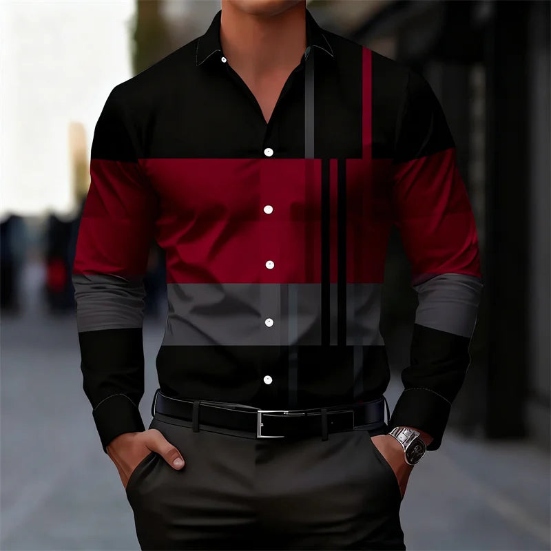 Men's color-blocked striped patchwork long-sleeved shirt, unique geometric pattern slim fit shirt, stylish men's top, XS-6XL.