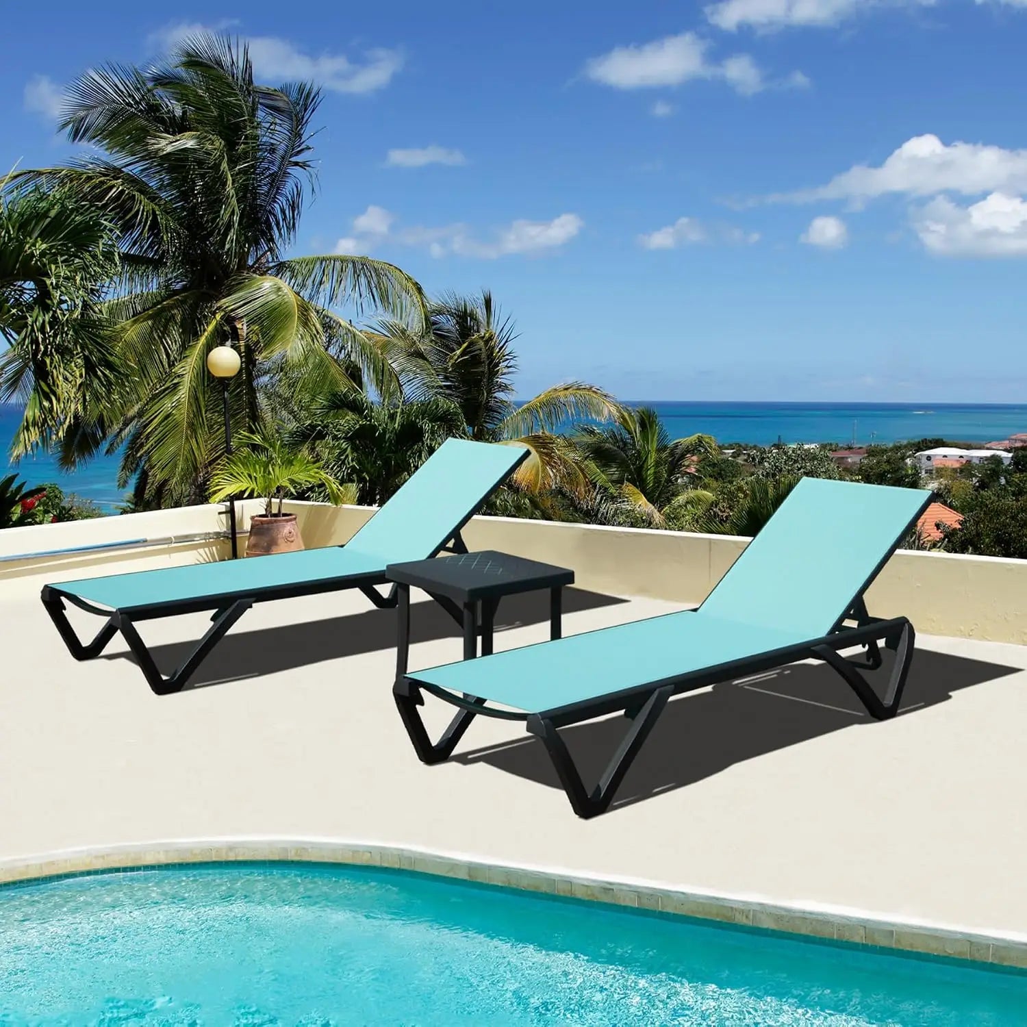 Aluminum Outdoor Chaise Lounge Set 2 with Table Wheels Adjustable Textilene All Weather Poolside Patio Deck, Customized