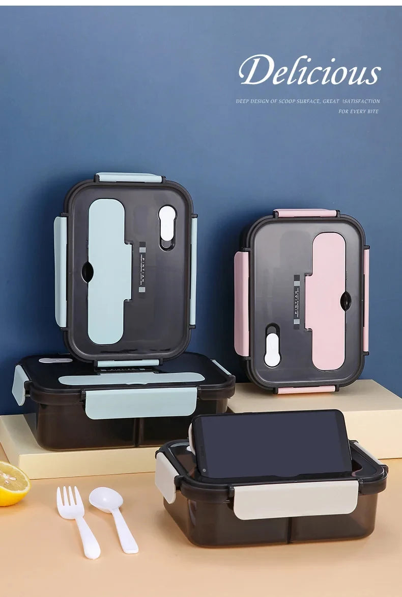 1500ML Lunch Box Food Storage Box 3 Grids Student Office Worker Microwave Bento Box Outdoor Picnic Container With Fork Spoon