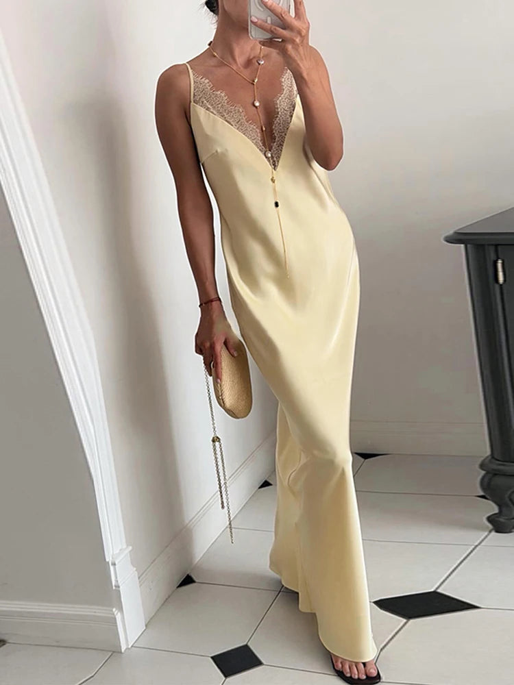 Elegant Women's Stain Lace Sling Long Dress Loose Sleeveless V-neck Backless Solid Dresses 2026 Spring Summer Lady Party Robes