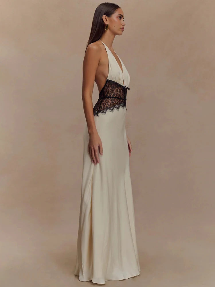 Mozision Summer Backless Sexy Maxi Dress Women Gown Patchwork Lace Halter Deep V Neck Sleeveless High Waist Elegant Long Dress