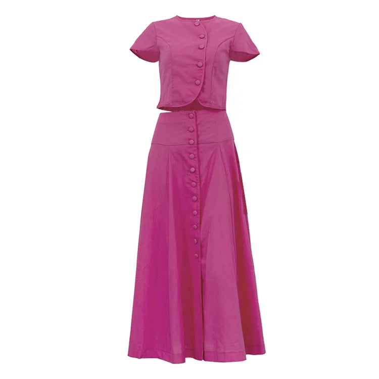Two Pieces Women Dress Sets Solid Matching Sets Button Short Sleeves Top Empire Waist Ankle Length Skirt Loose Fit 2026 Summer