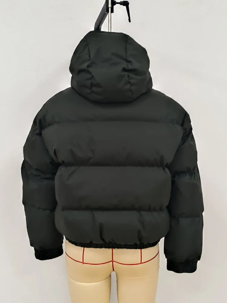 Casual Leopard Pattern Hooded Padded Coat Waterproof Fabric Zipper Long Sleeve Black Jacket Autumn Winter New Fashion Outerwear