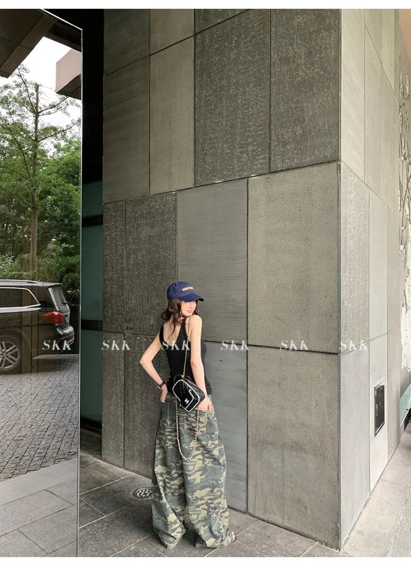 YJKDYK High Waist Camouflage Workwear Jeans Women's Autumn Spring American Retro Wide Leg Floor-Length Pants Trendy High Street