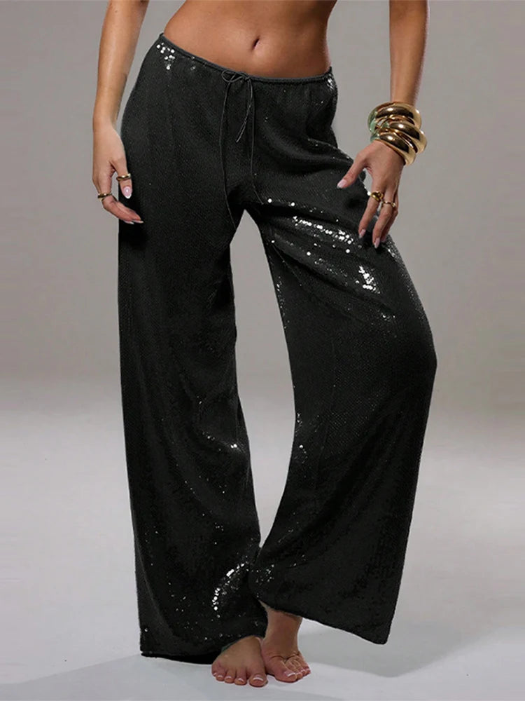 Street Sequin Loose Lace Up Pants Women Elastic Waist Wide Leg Trousers Female 2026 Spring Summer Lady Shiny Party Club Clothes