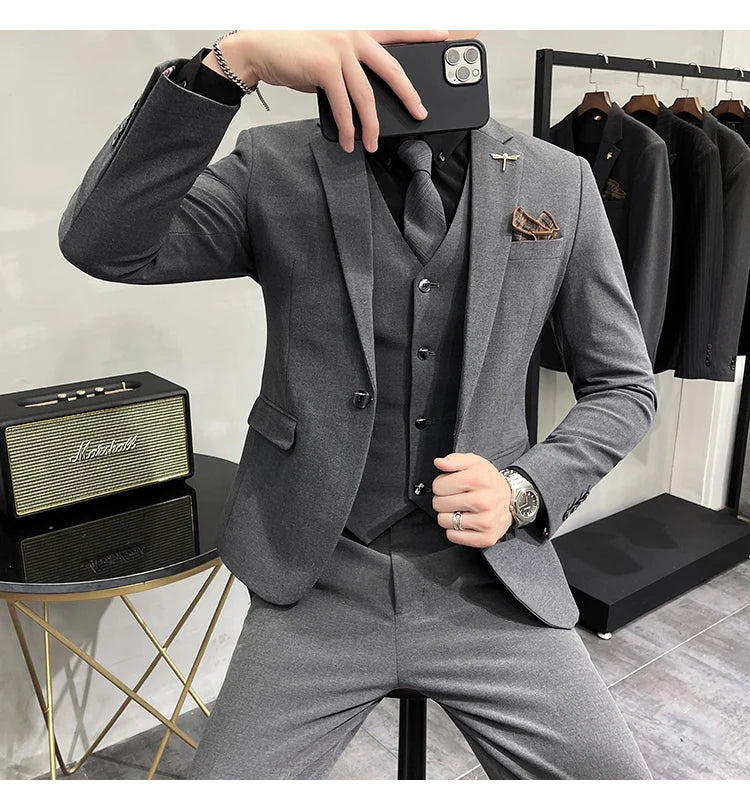 Blazer Vest Pants Men's Navy Blue Suit Set Slim Fit Blazer Vest Pants Formal Outfit for Business Wedding Office Groom Party