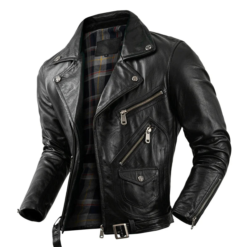 New Motorcycle Leather Jacket Autumn Off-road Motorcycle Riding Jacket Men's Slim Fit Cow Leather Jacket Trendy Lapel Jacket