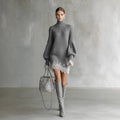 Women's Knitted Lace Splice Mini Dress Elegant Turtleneck Solid Fashionable Spring Autumn Vintage Casual Retro Loose Dress