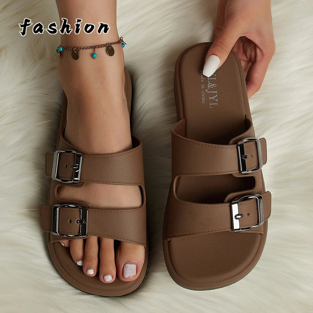 New Spring and Summer Women's Fashionable Casual Double-Strap Double-Buckle Adjustable Design Beach Home Outdoor Office Walking Versatile Style Brown Color-Blocking Women's Slippers