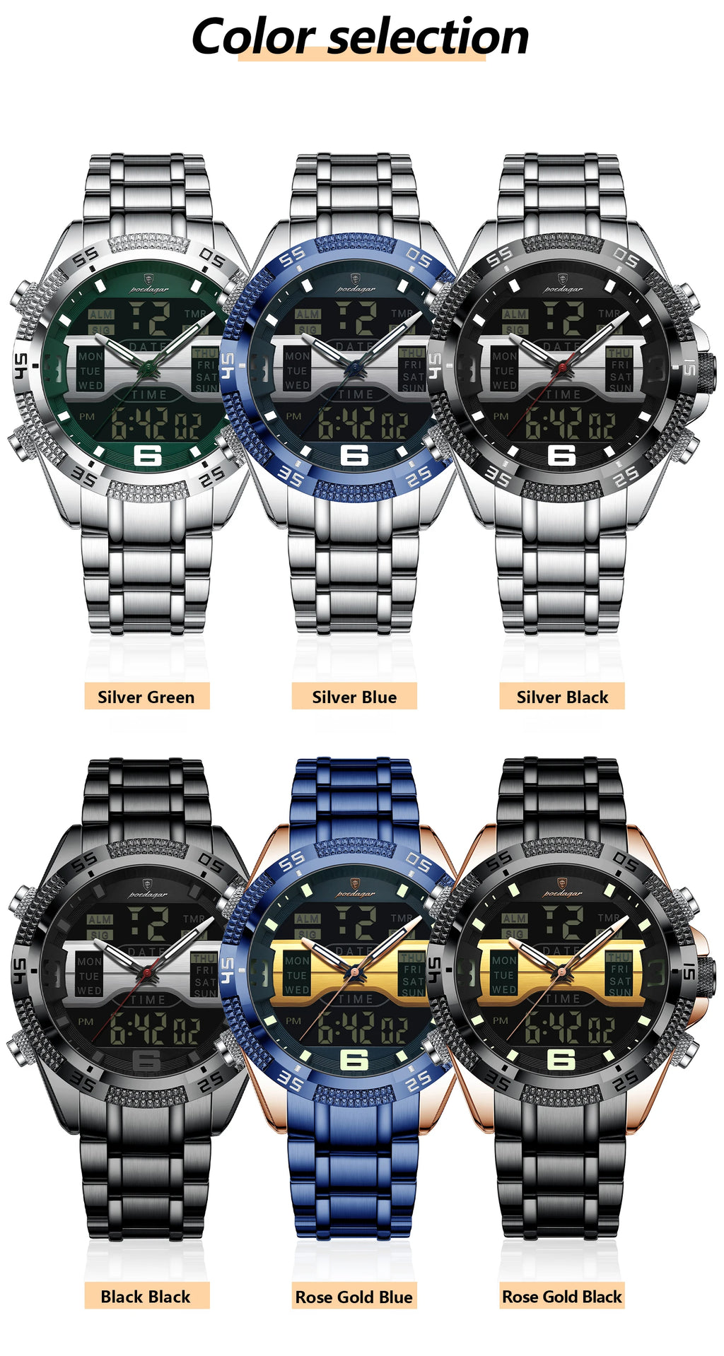 POEDAGAR LED Luxury Men Watch Sports Dual Time Display Digital Luminous Week Date Man Wristwatch Electronic Quartz Men's Watches