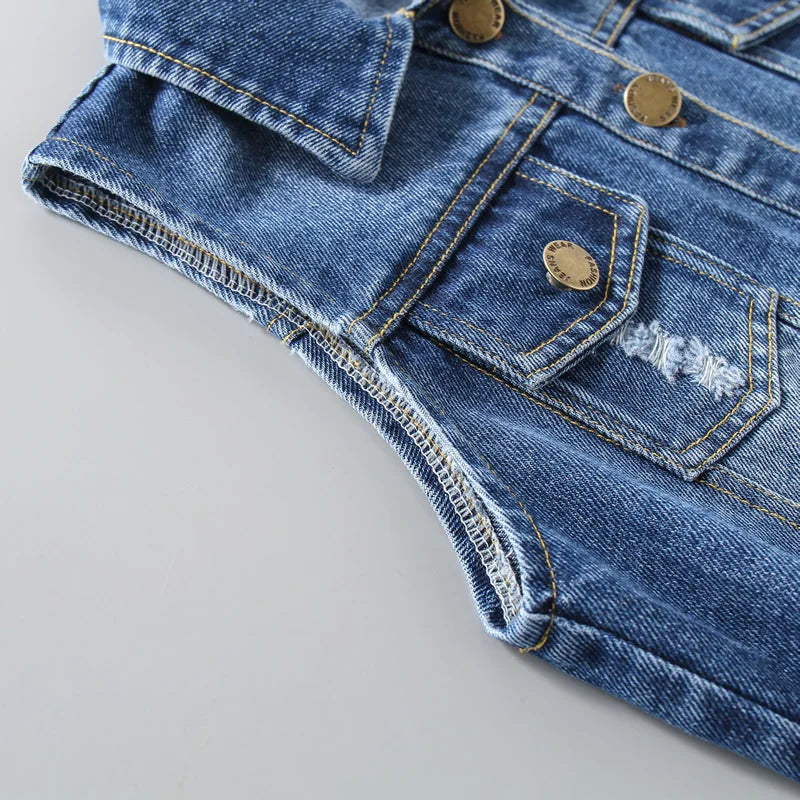 High Quality Children's Ripped Denim Vest Spring Autumn New Style Boys Girls Sleeveless Jacket Outerwear Trendy Hole Waistcoat