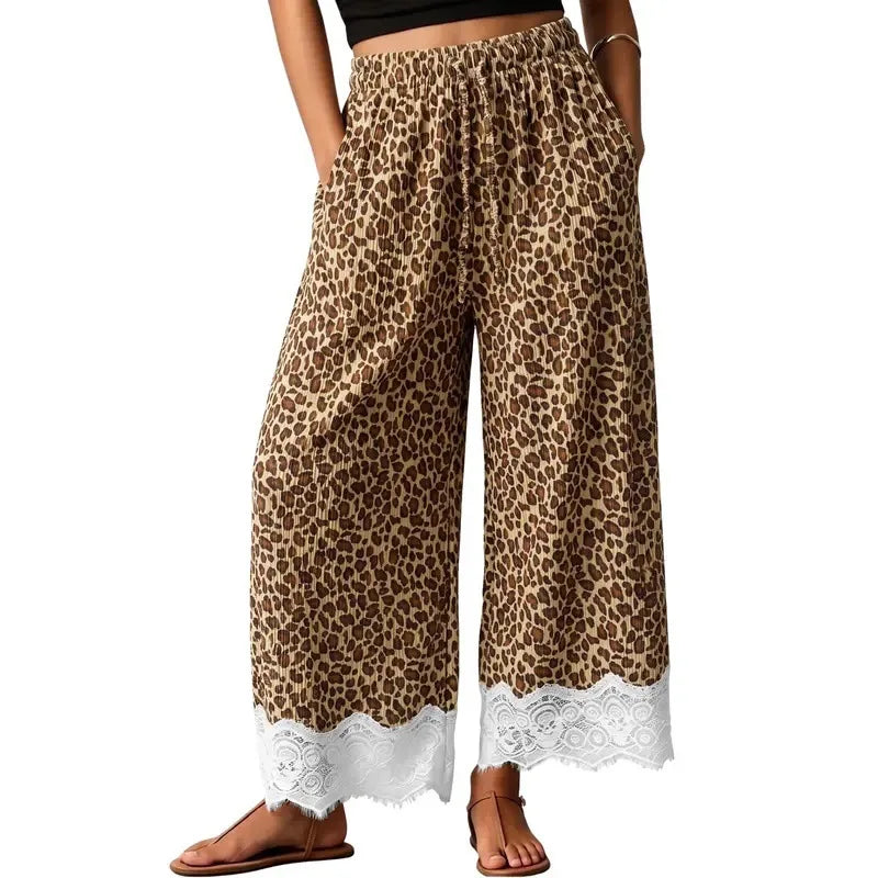 Women Leopard Print Wide Leg Pants Elastic Drawstring Waist Lace Trim Hem Loose Casual Palazzo Trousers With Pockets