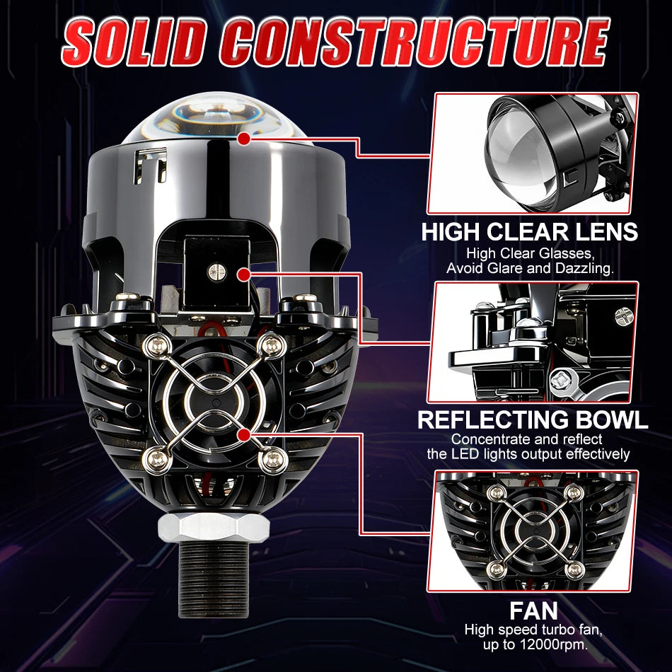 2.5 Inch Bi Led Projector Lens Led Light H4 H7 9005 9006 Car Headlight Bulb High Low Beam 6000K Diode 120W 40000LM Turbo Tuning