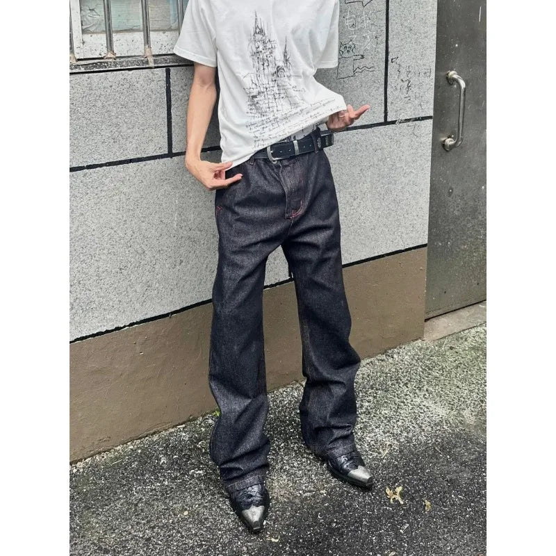 Men American Vintage Denim Red Stitch Raw Black Straight Micro Flare Jeans Slim Fit Fashion Casual Stretch Long Denim Trousers