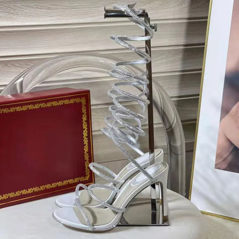 New Runway High Heels Sandals Women Crystal Decoration Ankle Strap Stiletto Shoes Woman Narrow Strap Gladiator Sandals Woman