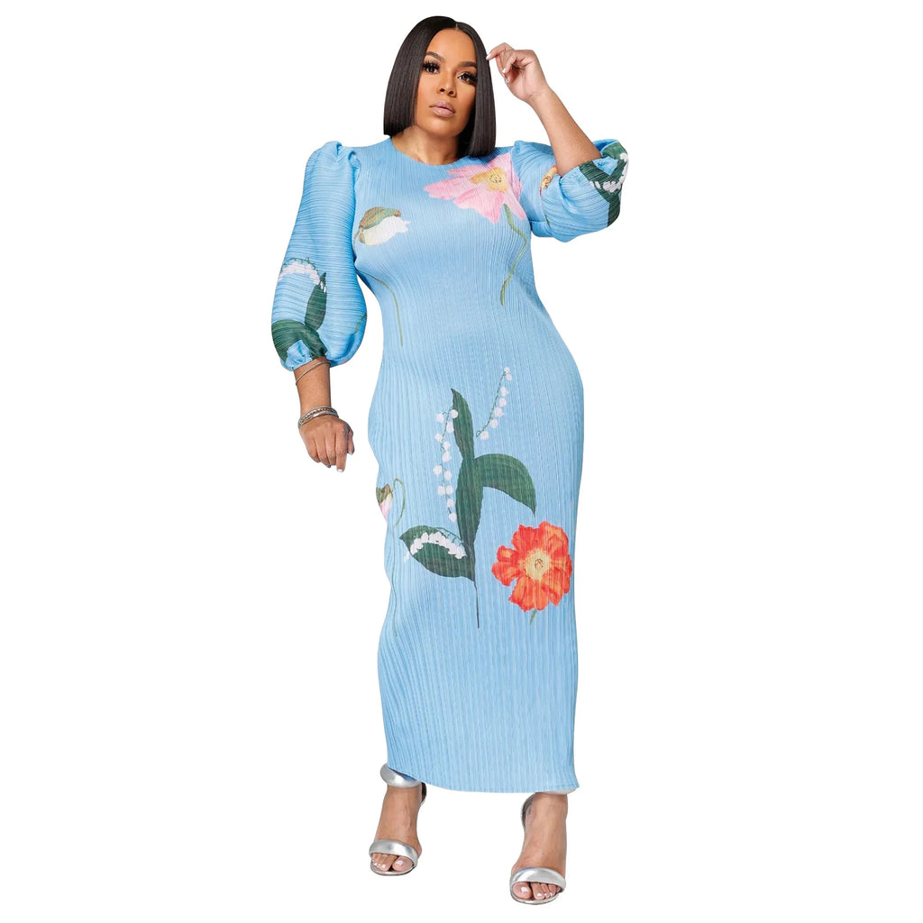 Elegant Women Pleated Half Lantern Sleeve O-neck Slim Maxi Long Dress Print Fashion Autumn 2025 Ruched Dresses Vestidos