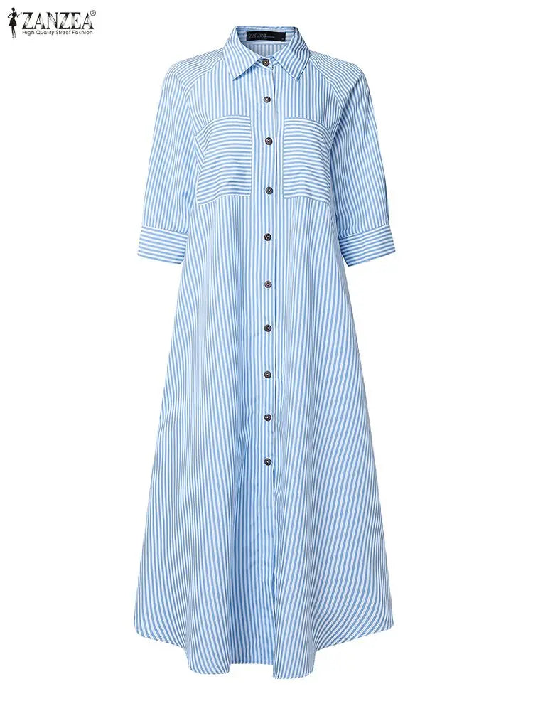 ZANZEA Women Fashion Shirt Dress 2025 Office Striped Dresses Autumn Summer Dress Elegant Lapel Neck Short Sleeve Midi Sundress