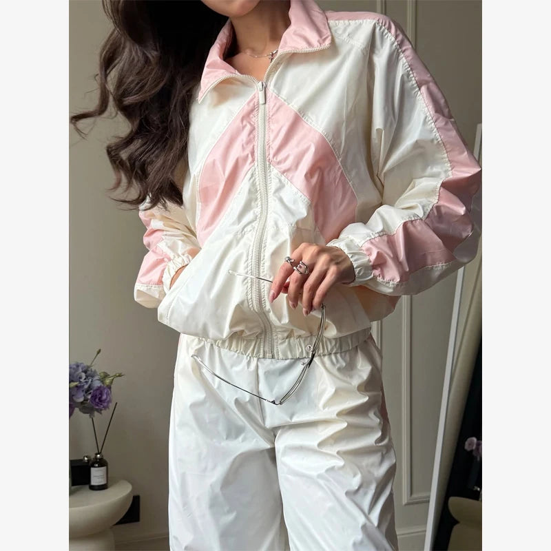 Lady'snavy Chevron Stripe Windbreaker Tracksuit Zip Cropped Jacket Contrast Trim Shorts 2026 Casual Sport Daily Jogging Street