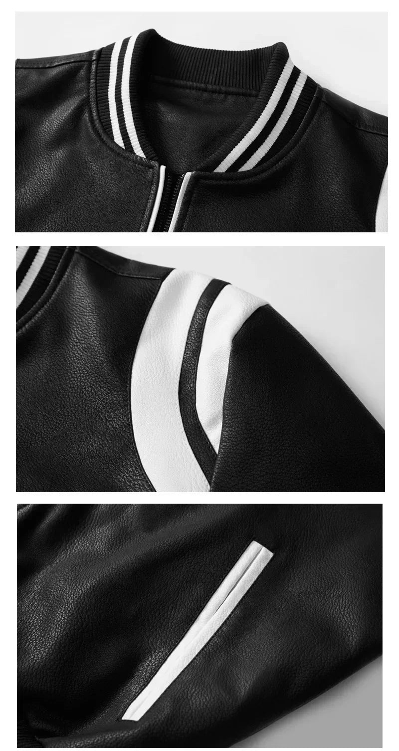 Motorcycle Men Leather Jacket Patchwork Biker Coat Motorcycle Jackets Mens Winter Casual Fleece Warm Coats Stripe Loose Outwear