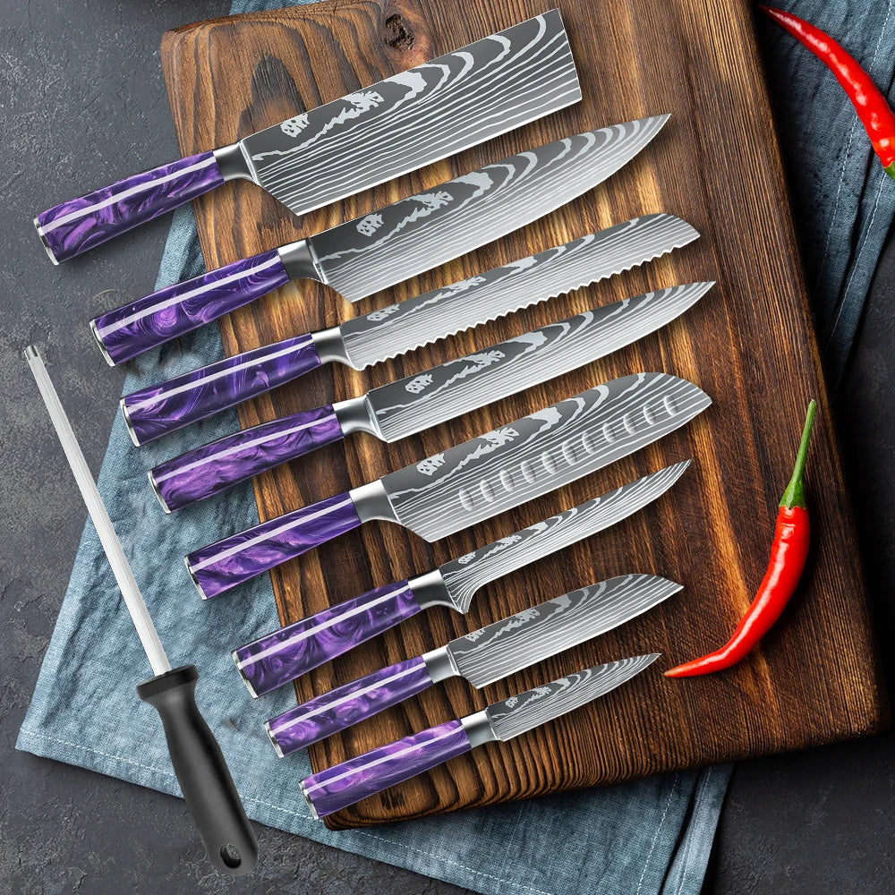 8PCS Utility Kitchen Knifes Resin Handle Carbon Steel Chef Knives Meat Cleaver Fruit Vegetable Slicing  Knife Cooking Tool