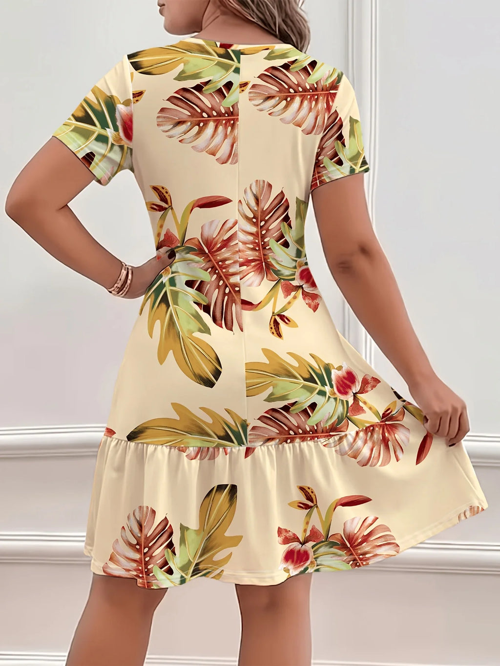 Summer Bohemian Style Loose Tropical Print Round Neck Short Sleeve Dress Comfortable Holiday Dress