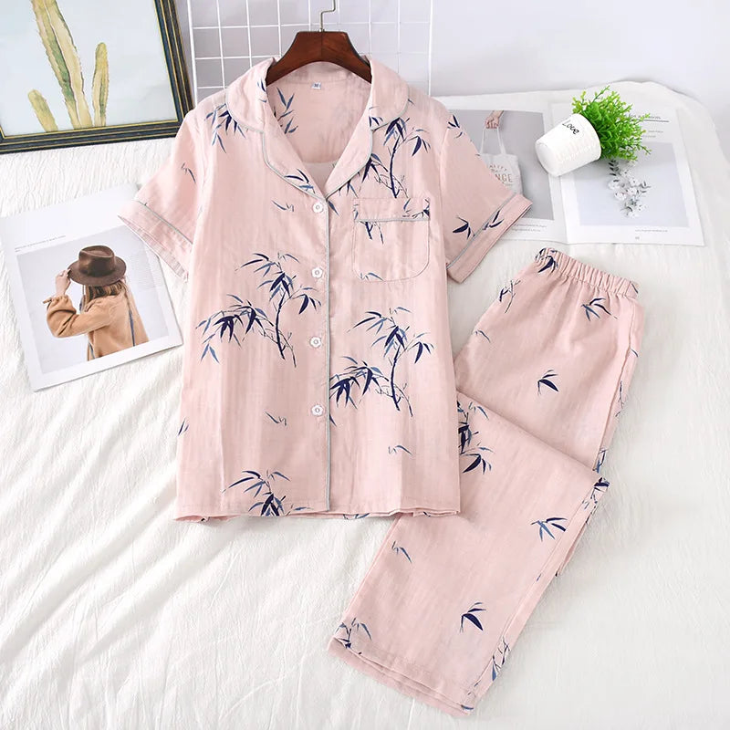 2026 Japanese new spring and summer short-sleeved trousers pajamas 2-piece set 100% cotton gauze flower cartoon home service set