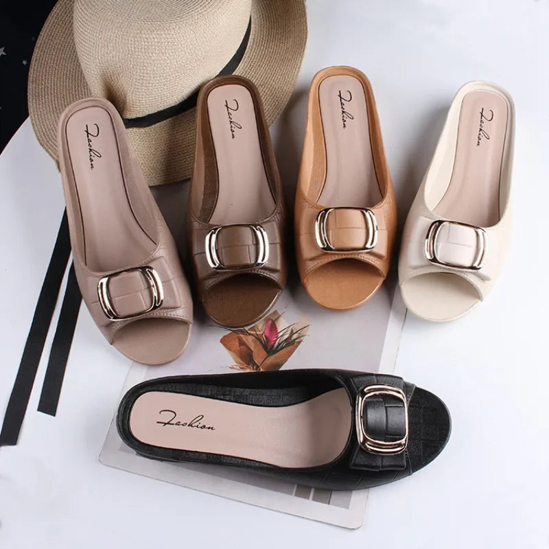 Summer Women Square Buckle Open-Toe Slippers Single Strap Flat Sandals Lady Solid Color Outdoor Beach Shoes Adult Casual Sandals