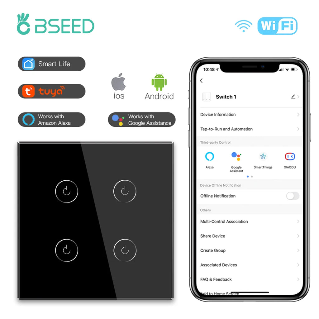 BSEED WIFI Touch Switches 1/2/3/4Gang Smart Light Switches Wall Stair Switches Tuya Control Smart Life APP Multi-Control Neutral