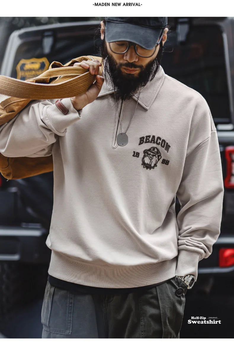 Maden Vintage Men's Long Sleeve Embroidered Sweatshirt with Letters Half-open Front Casual Hoodie Turned-up Collar for Spring