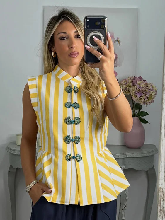 Striped Mandarin Collar Frog Button Ruffle Trim Top Striped Single‑breasted 2026 Summer Women Blouse Versatile Casual Lady Top