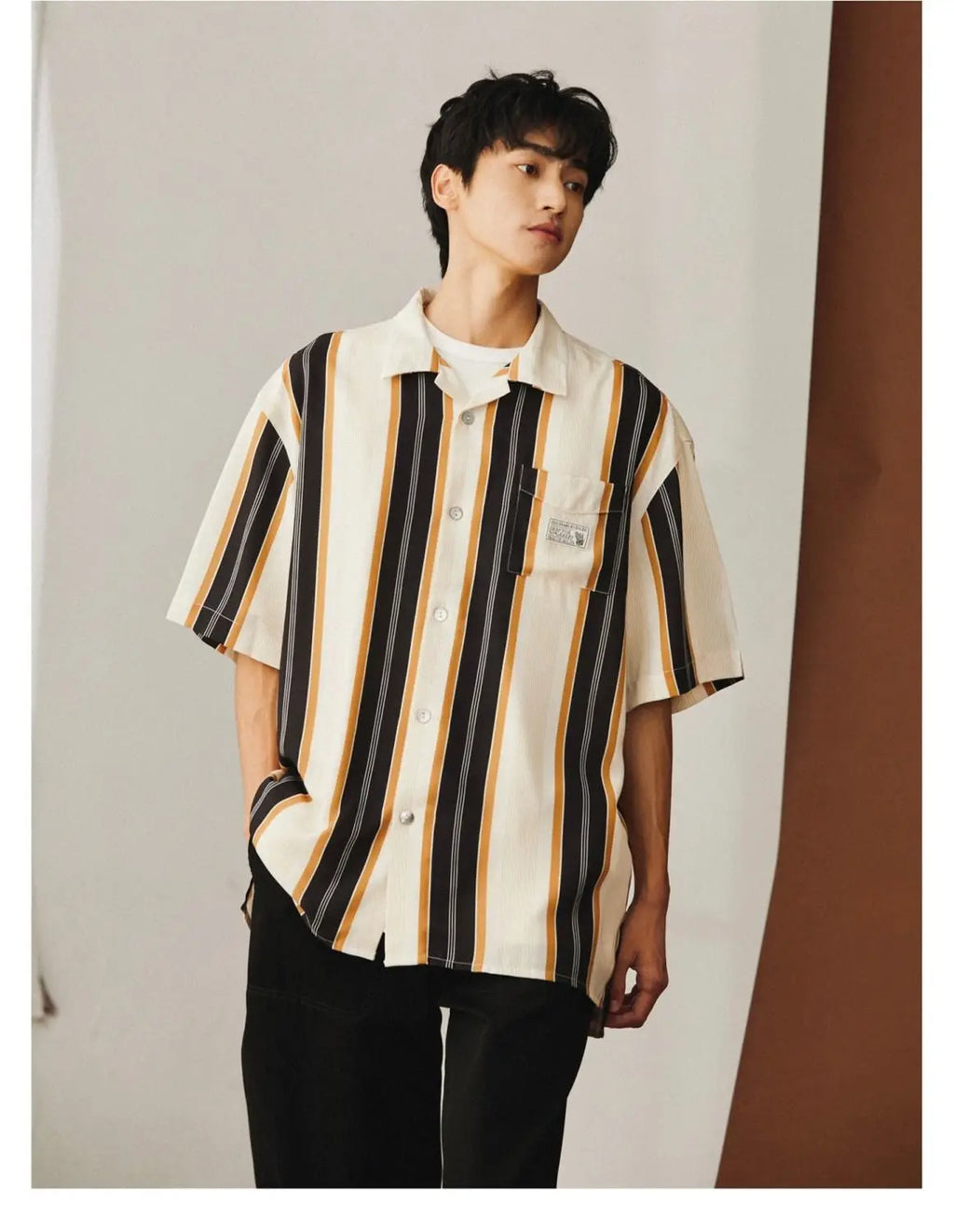 Summer New Turn-down Collar Fashion Short Sleeve Shirt Man High Street Casual Button Cardigan Striped Pockets Patchwork Tops