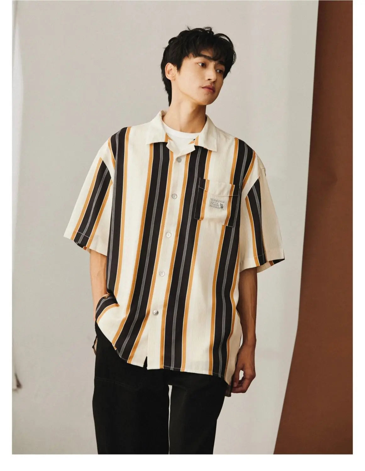 Summer New Turn-down Collar Fashion Short Sleeve Shirt Man High Street Casual Button Cardigan Striped Pockets Patchwork Tops