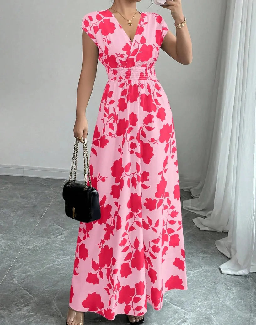 2026 Women's New Fashion Casual Daily Comfortable Elegant Lace-up Floral Print V-neck Short Sleeve Waist Women's Long Dress