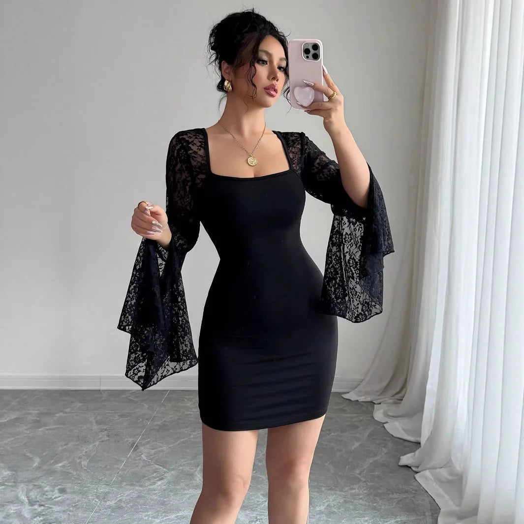 Europe, America 2025 autumn new horn sleeve split end solid color lace splicing square neck hip wrap dress