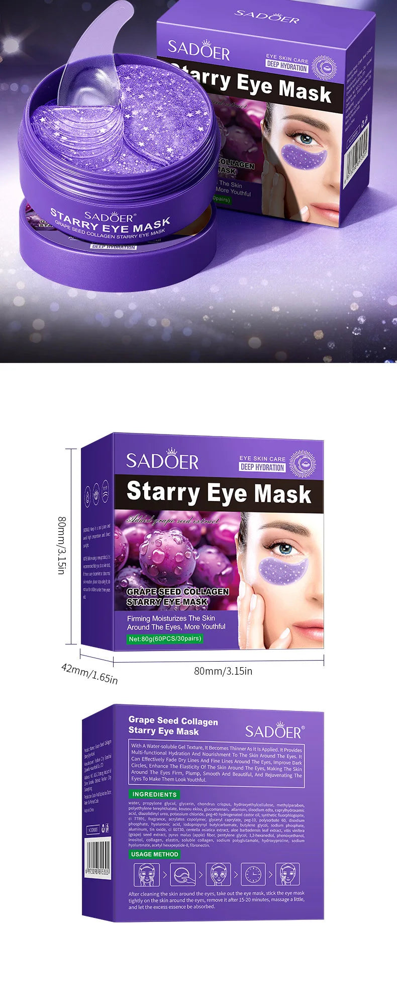 SADOER Starry Sky Eye Mask, 5 Types Optional Pearl/Hyaluronic Acid/Seaweed/24K Gold/Grape Seed, Anti Dark Circle Fine Lines Hydr