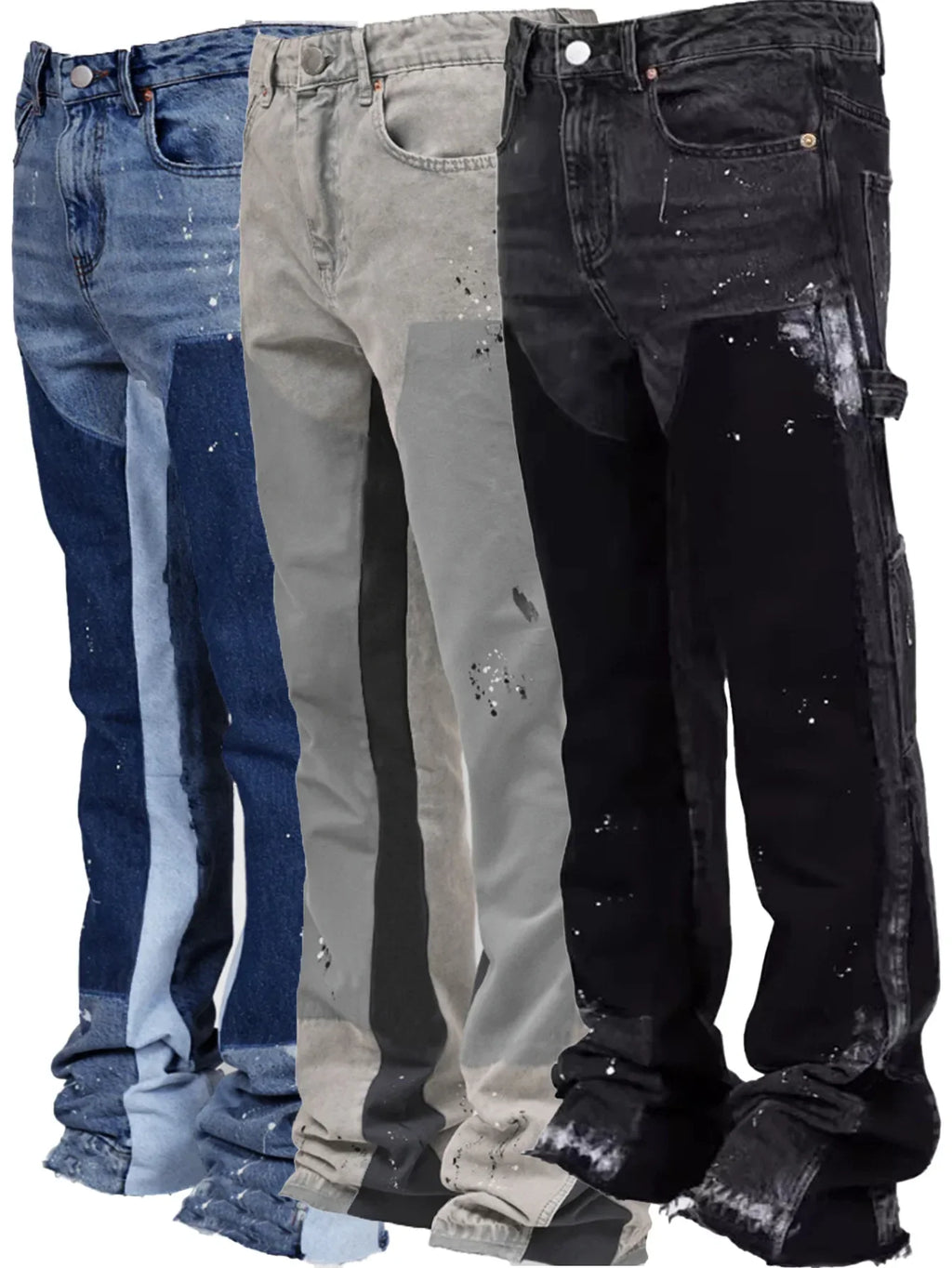 2025 Men's Fashion Jeans Work Pants, European and American Fashion Workwear Elastic Patchwork Denim Layered Flared Pants S-XXL