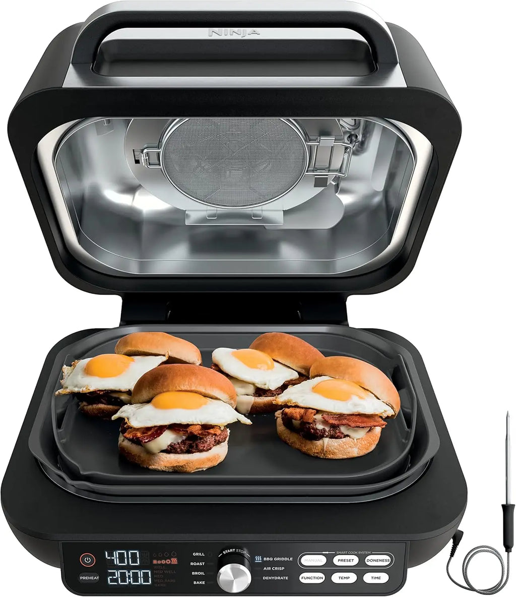 7-in-1 Indoor Grill & Griddle Combo, Air Fry, Dehydrate & More, Open or Closed Use, Power Grate, Flat Top, Crisper, Smart Thermo
