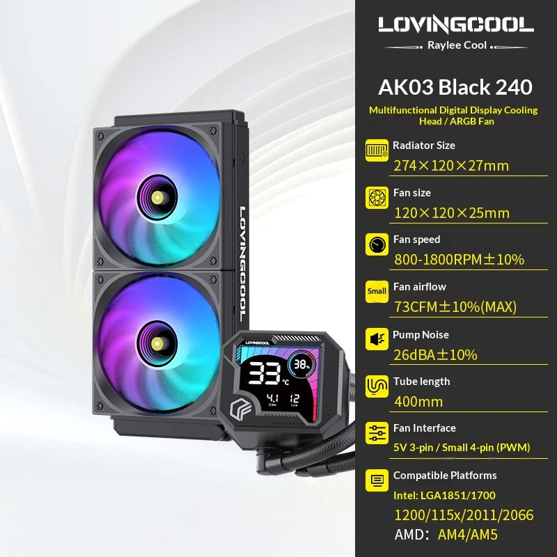 LOVINGCOOL AK liquid cooler 240mm 360mm broken code screen dynamic digital display ARGB PWM Abyss Mirror integrated water cooled