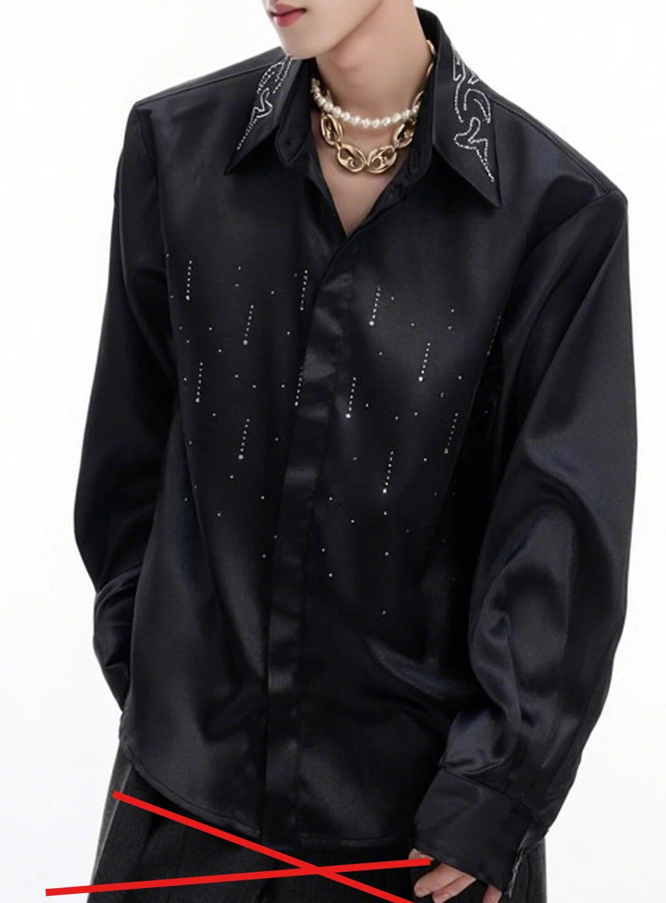 Men's Satin Rhinestone Shiny Long Sleeve Shirts 2025 Spring Autumn New High-end Loose Comfort Shirts Trendy Diamond Chic Jackets