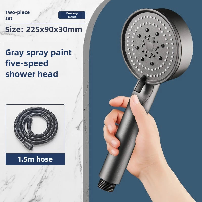 High-Pressure Handheld Shower Head with Stand and Hose - 5 Adjustable Water Flow Modes, Round Plastic Bathroom Accessory