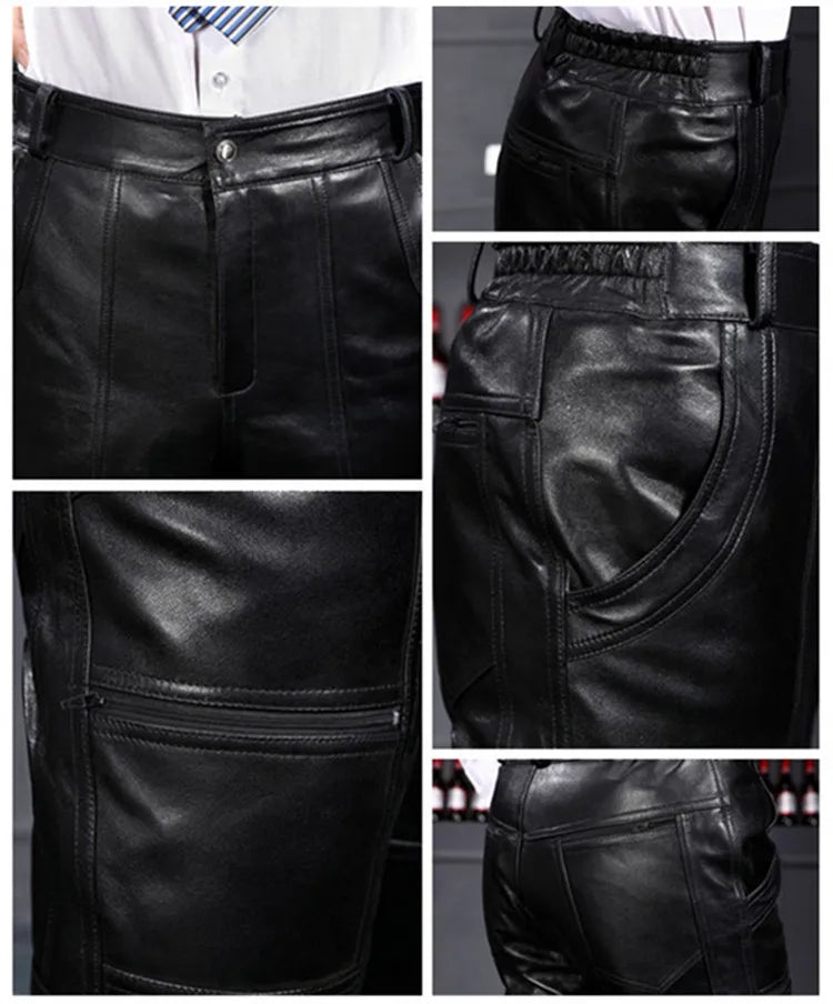 Men's Thickened Leather Pants with Detachable Warm Fleece Liner Genuine Cowhide Goatskin for Autumn And Winter