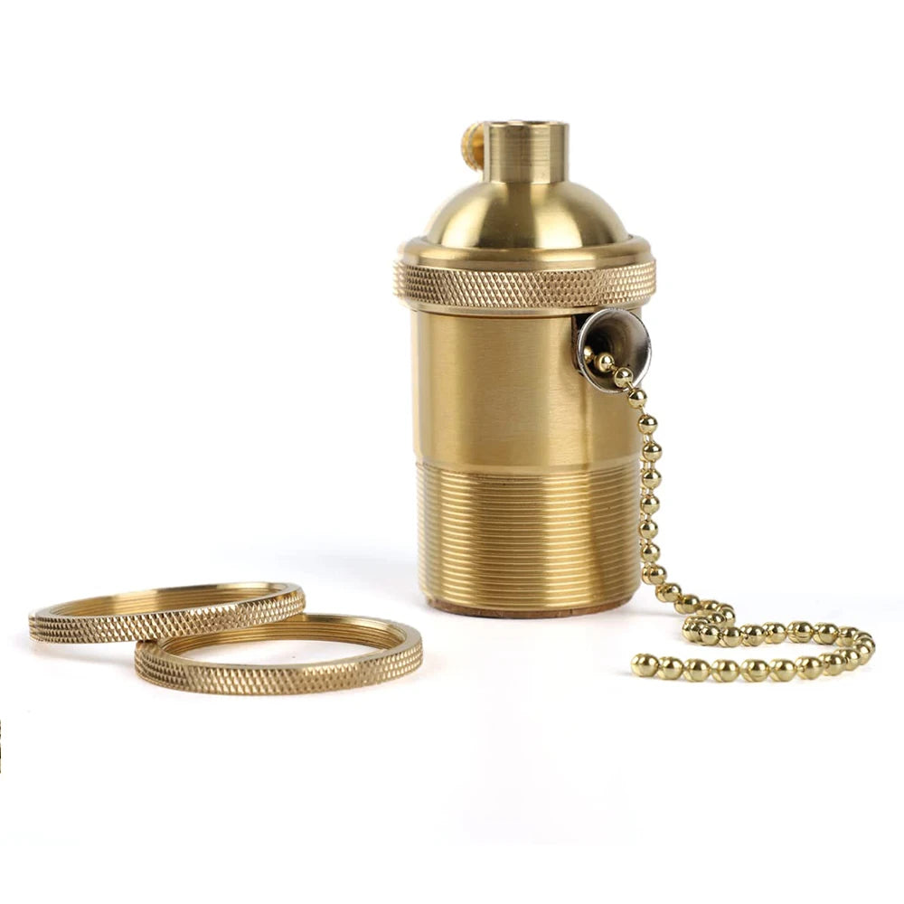 Vintage Antique Brass Lamp Holder with Pull Chain Switch, E27/E26 Socket for Ceiling Pendant/Floor/Table Lamps, Retro Metal Ring