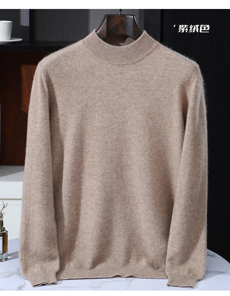 Autumn/Winter Men's 100% Pure Cashmere Pullover Business Casual Solid Knitted Sweater Loose Half High Neck Tops Thick Jumper