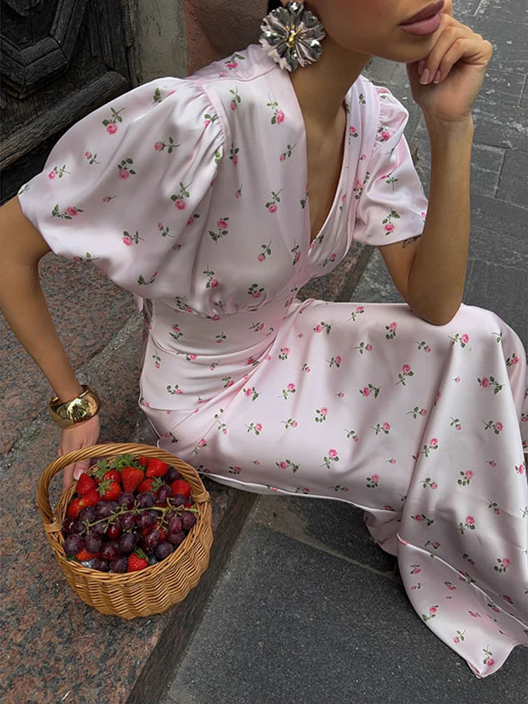 Elegant Print Women Long Dress Fashion V-neck Pleated Flutter Short Sleeve Empire Female Dresses 2026 Summer Chic Female Robe