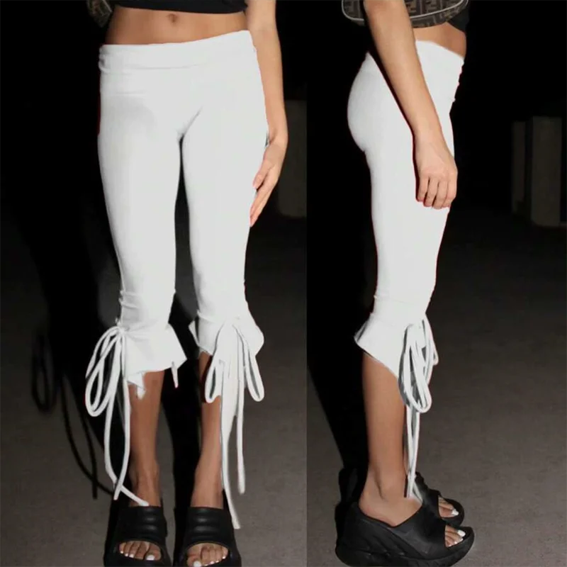 Women Black Slim Mid Waist Capri Pants Drawstring Ruffle Hem Casual Streetwear Summer Lounge Daily Going Out Comfy Wear