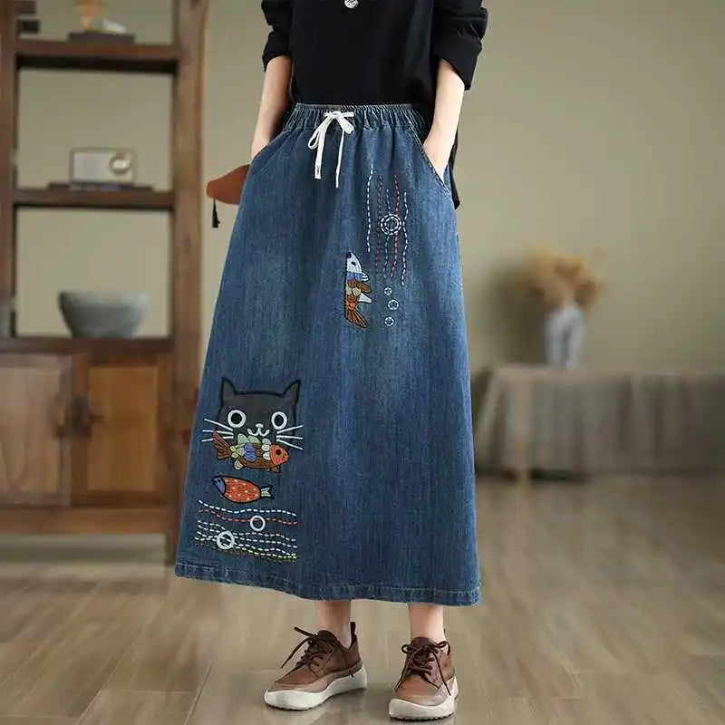 2026 Women's Denim Skirts Retro Cartoon Animal Embroidery Casual Half Skirts Spring Summer High Waist Fashion Loose Midi Skirts