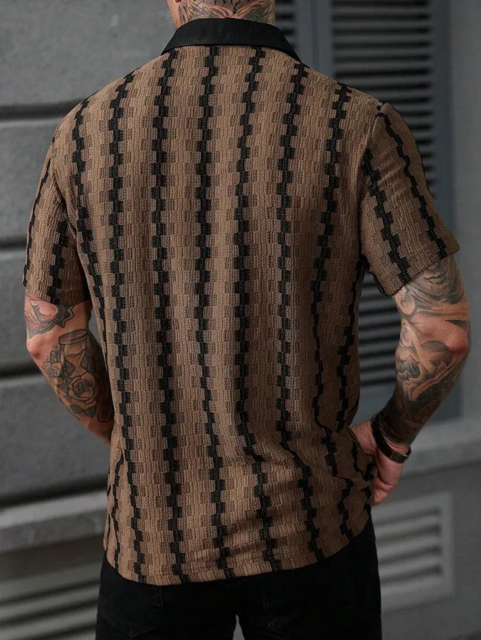 Classic Plaid Striped Knitted Shirt Men Summer Short Sleeve Button Down Turn-down Collar Vintage Slim Fit Knit Cardigan Tops