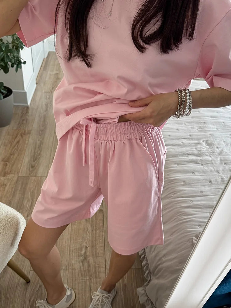 Summer 2 Piece Shorts Set Woman Cotton Brown Oversized T Shirts And Shorts Two Pieces Outfits For Women White Short Sets Pink