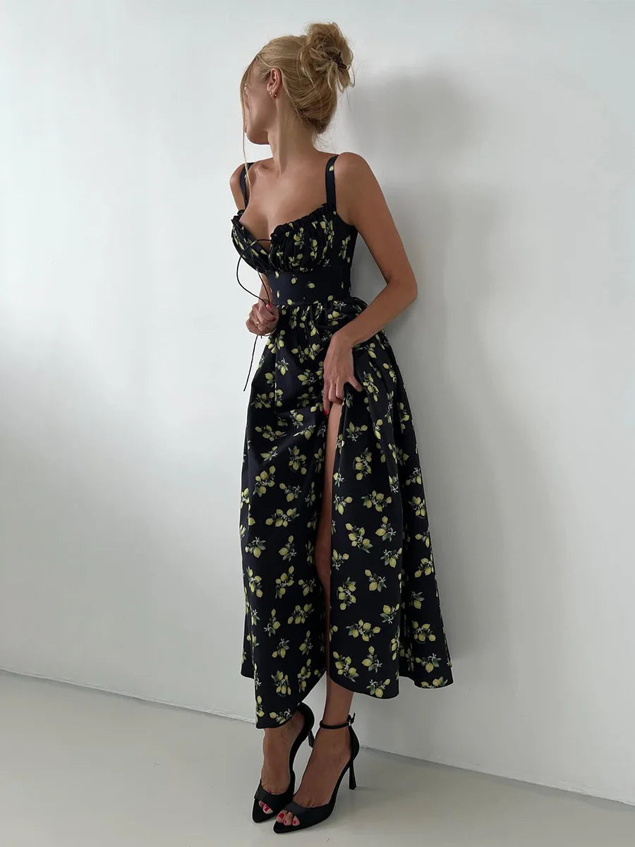 Bornladies 2025 Summer New Printing Cami Dress High Waist Slit Lemon Print Maxi Dress Vacation Long Dress For Women